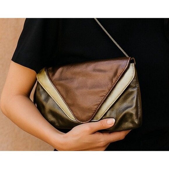 Handbags - Vintage Gold Silver Bronze Metallic Envelope Crossbody Leather Clutch‎ Purse